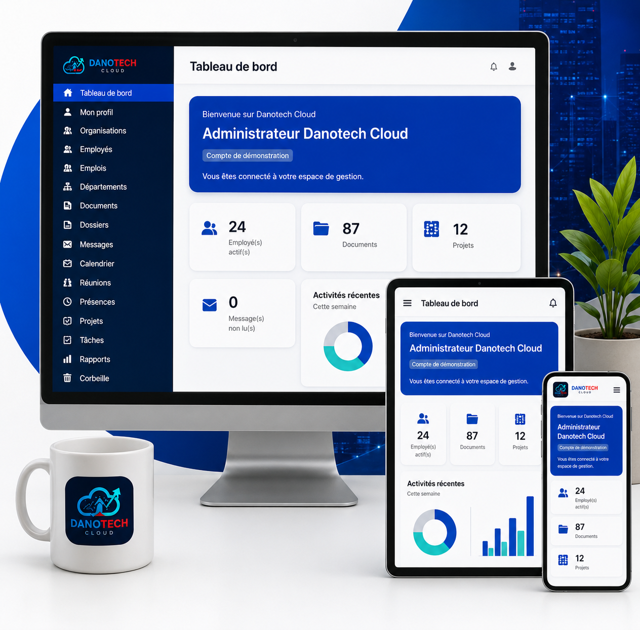 Aperçu de Danotech Cloud sur ordinateur, tablette et téléphone